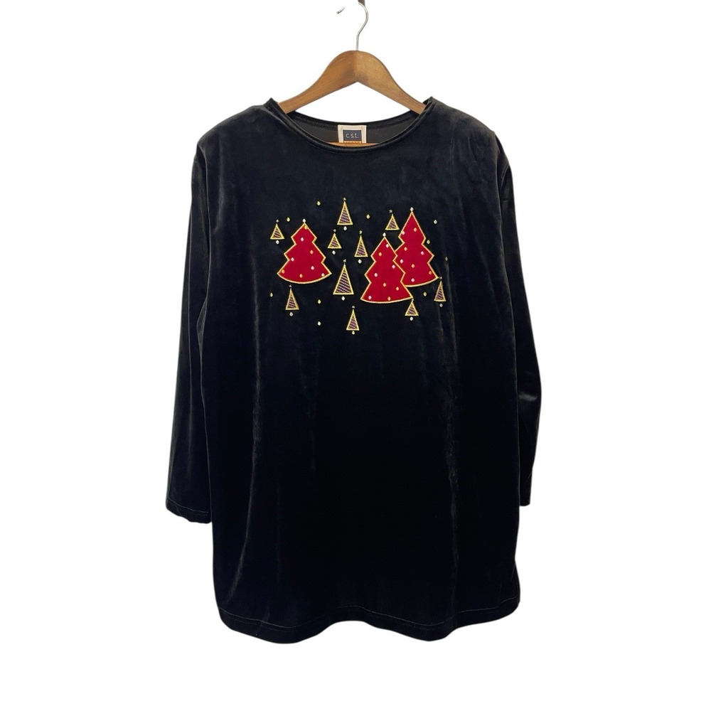 Women's Vintage CST Sport Velvet Embellished Christmas Tree Sweater Black Tunic